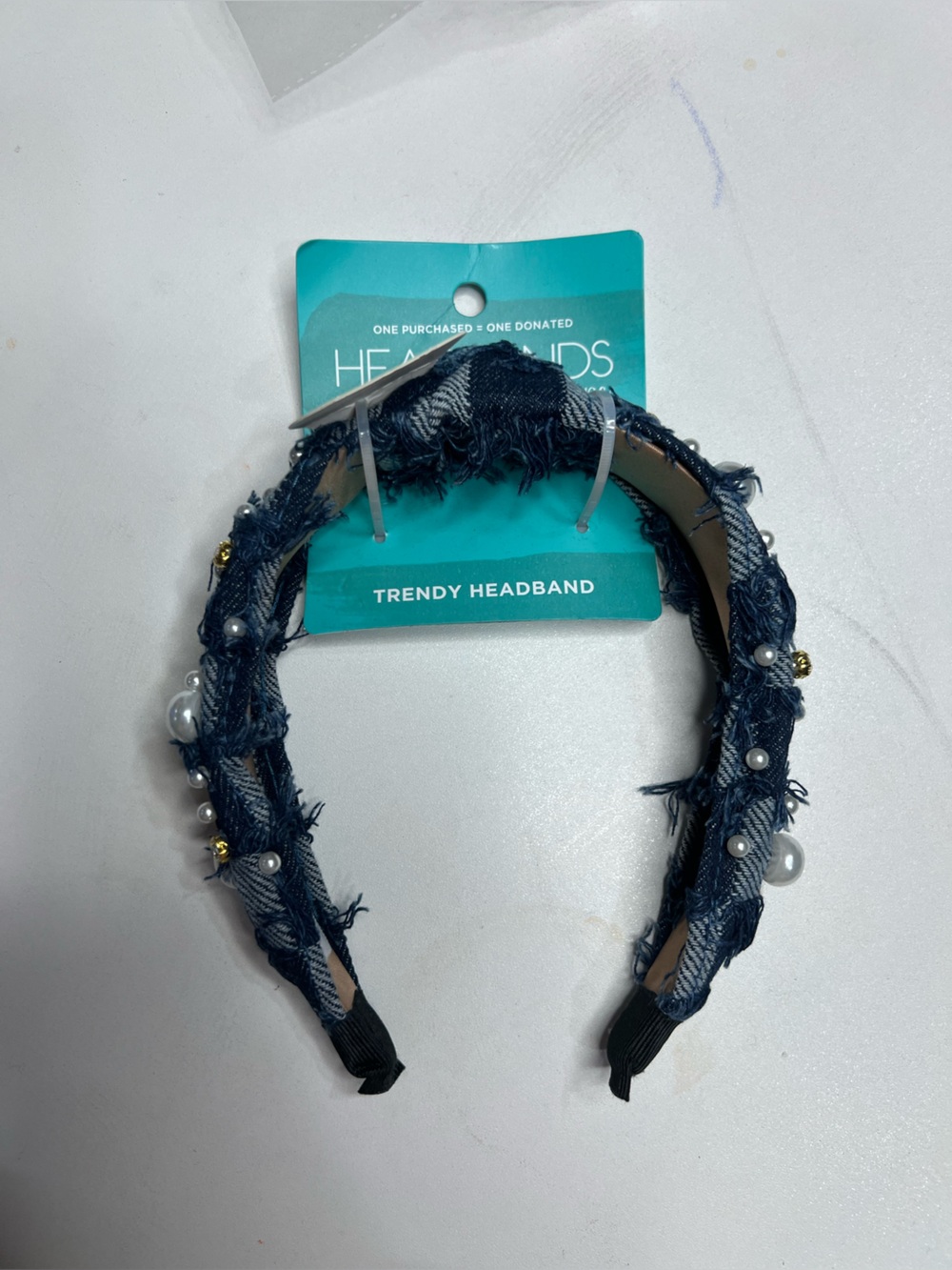 Denim Pearl-Embellished Headband - Navy